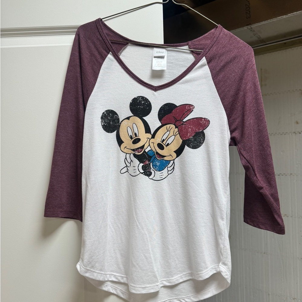 Disney Mickey And Minnie Burgundy Baseball Style Tee Size Medium